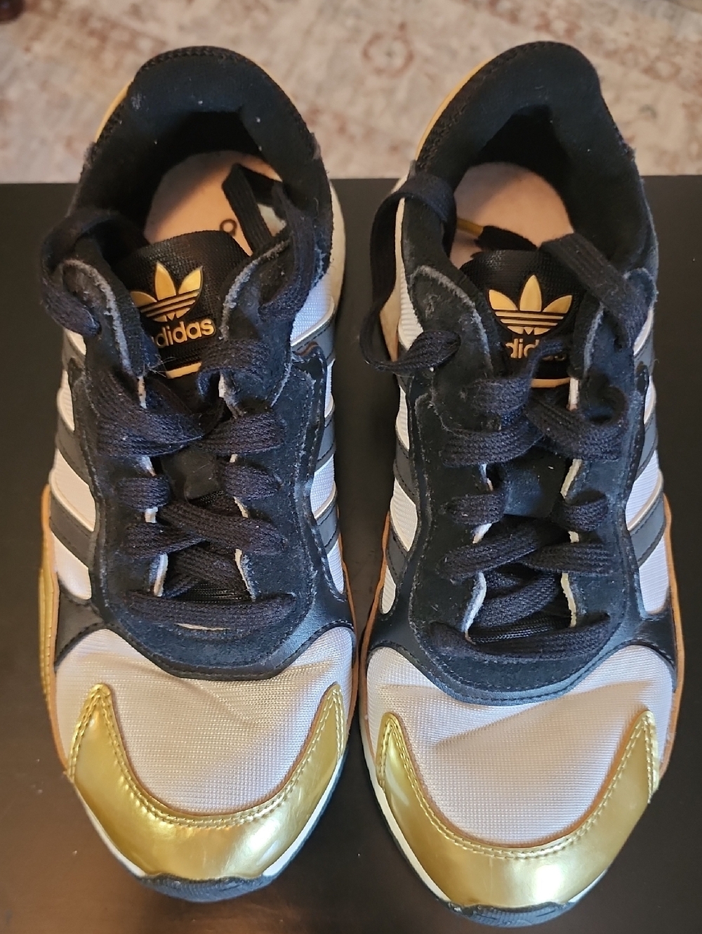 adidas Black White Sneakers with Gold Toe Accents